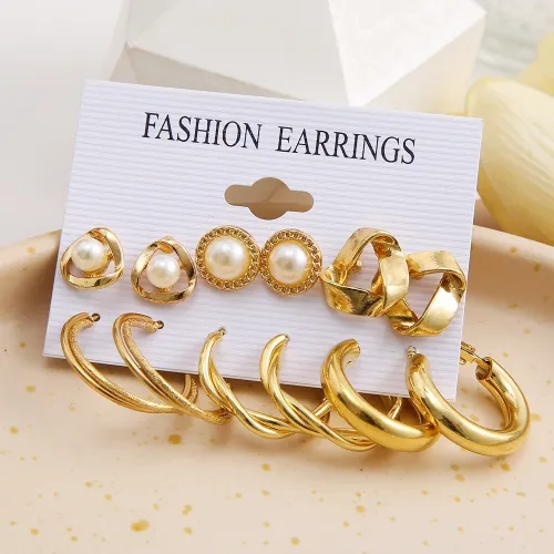 Multi Design Golden Hoop Earring Set (6 pairs)